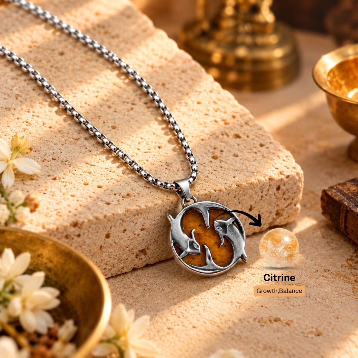 Pisces Zodiac Pendant with Citrine Stone
