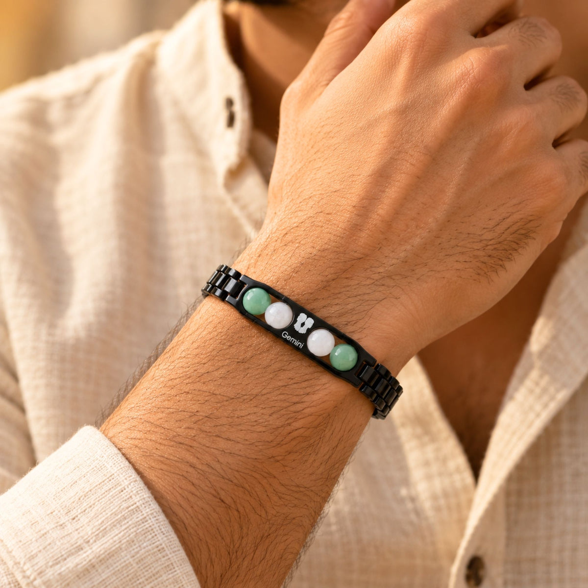 Gemini Zodiac Sign Metal Bracelet + Free Selenite Plate