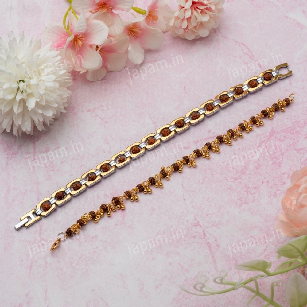 Gold Plated Elemental + Duotone Rudraksha Bracelet Combo