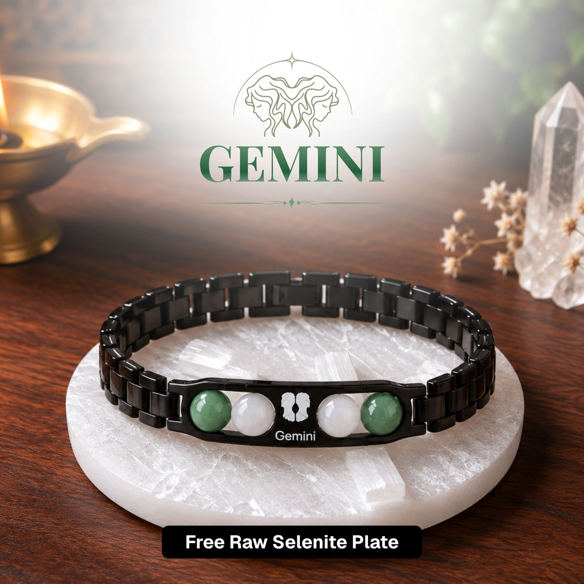 Gemini Zodiac Sign Metal Bracelet + Free Selenite Plate