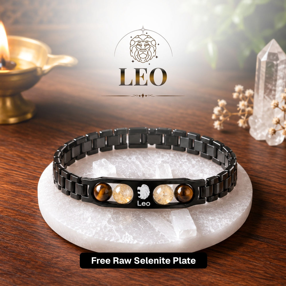 Leo Zodiac Sign Metal Bracelet + Free Selenite Plate