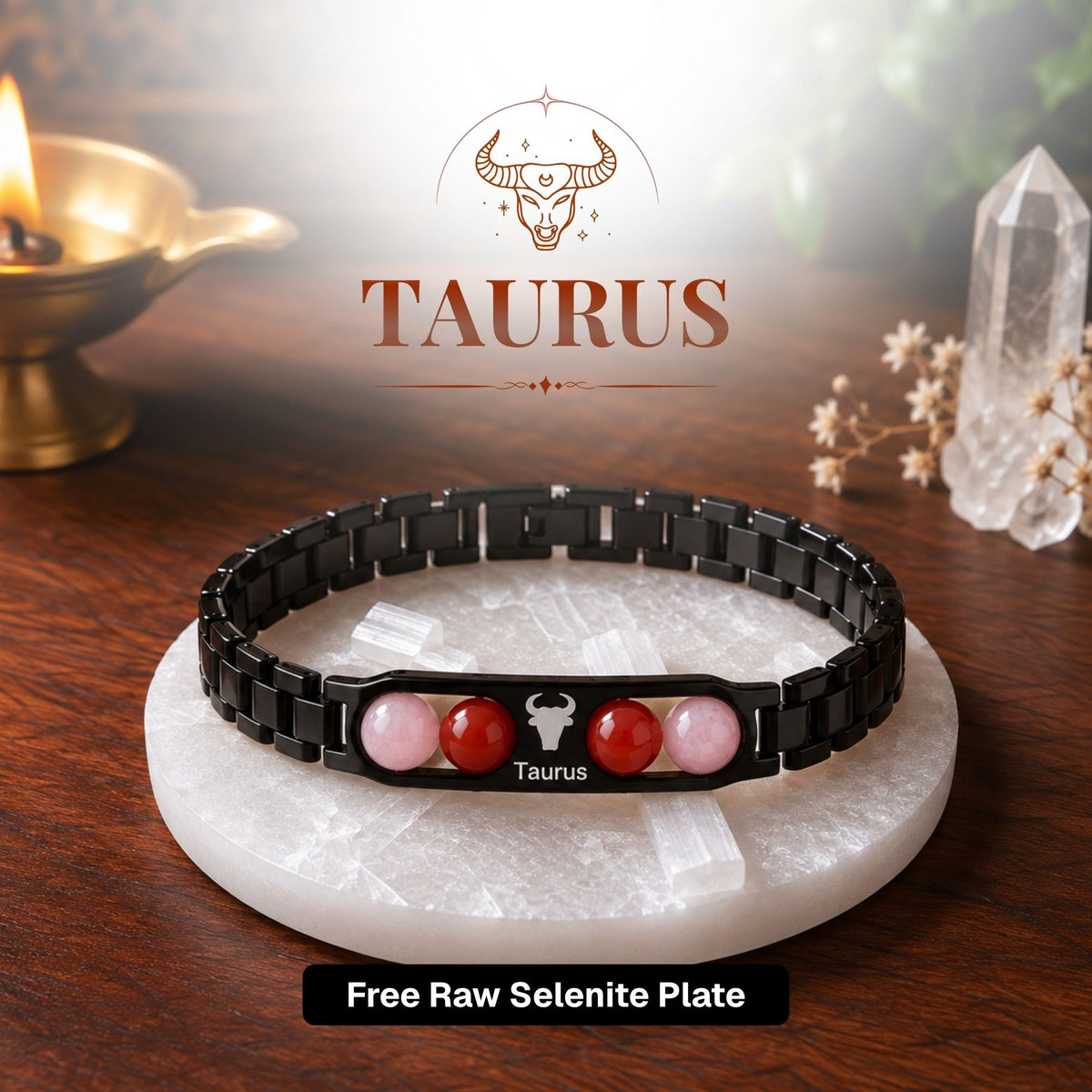 Taurus Zodiac Sign Metal Bracelet + Free Selenite Plate
