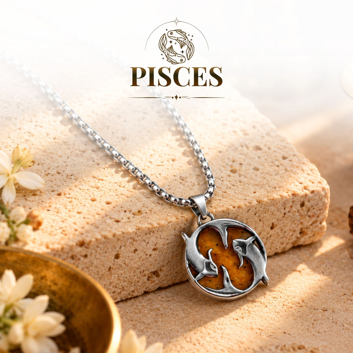 Pisces Zodiac Pendant with Citrine Stone