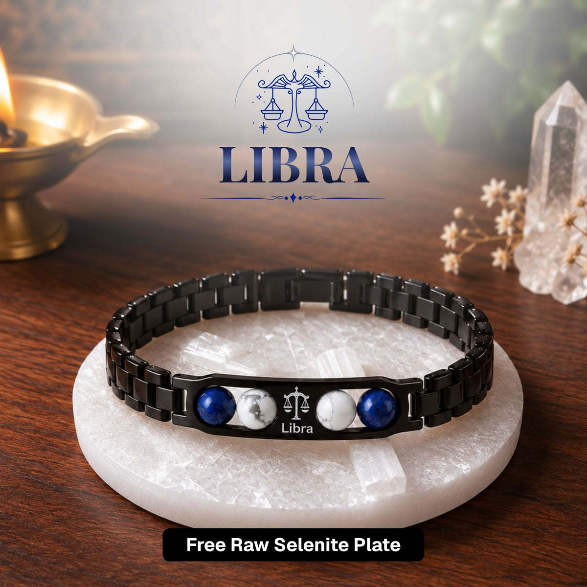 Libra Zodiac Sign Metal Bracelet + Free Selenite Plate