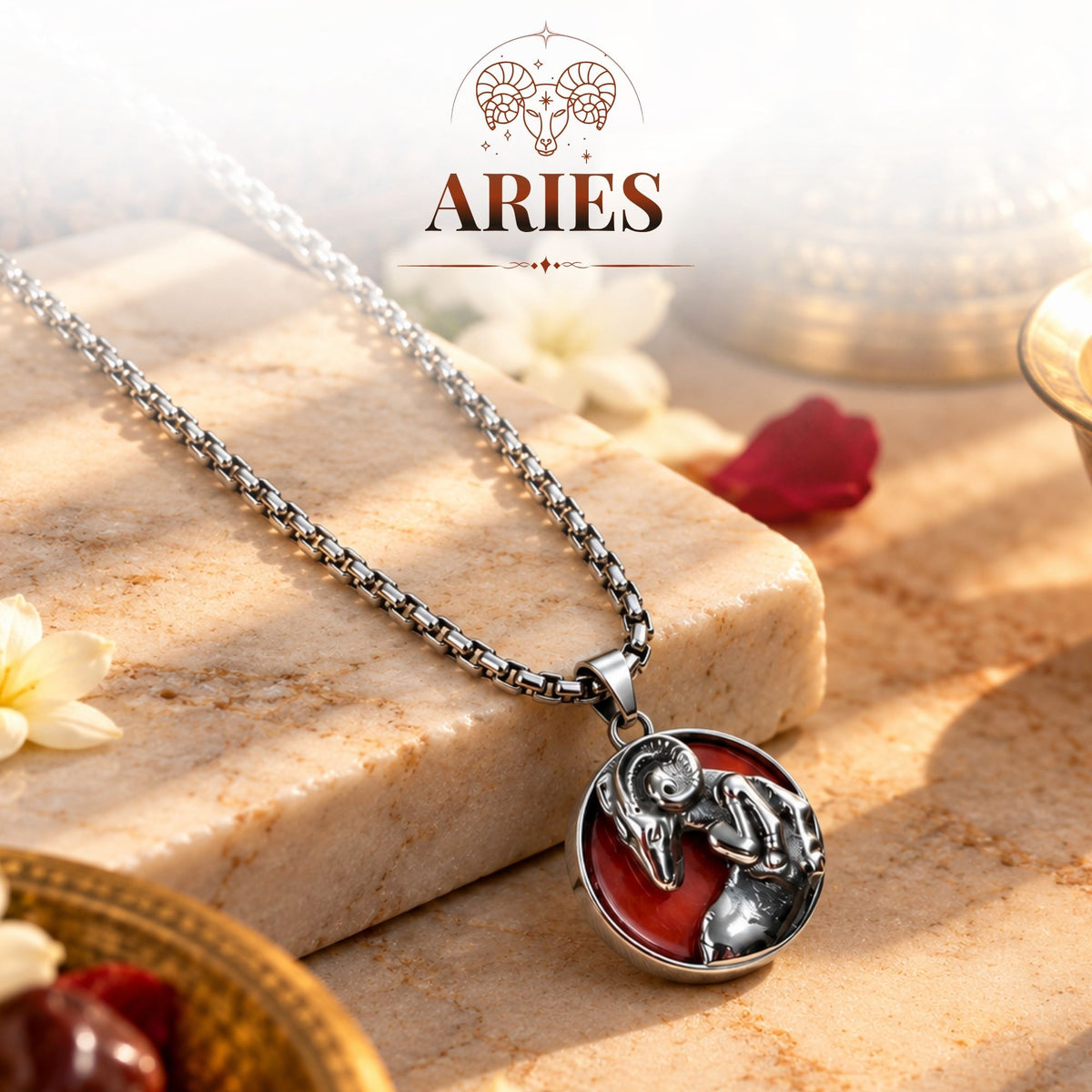 Aries Zodiac Pendant with Red Jasper Stone