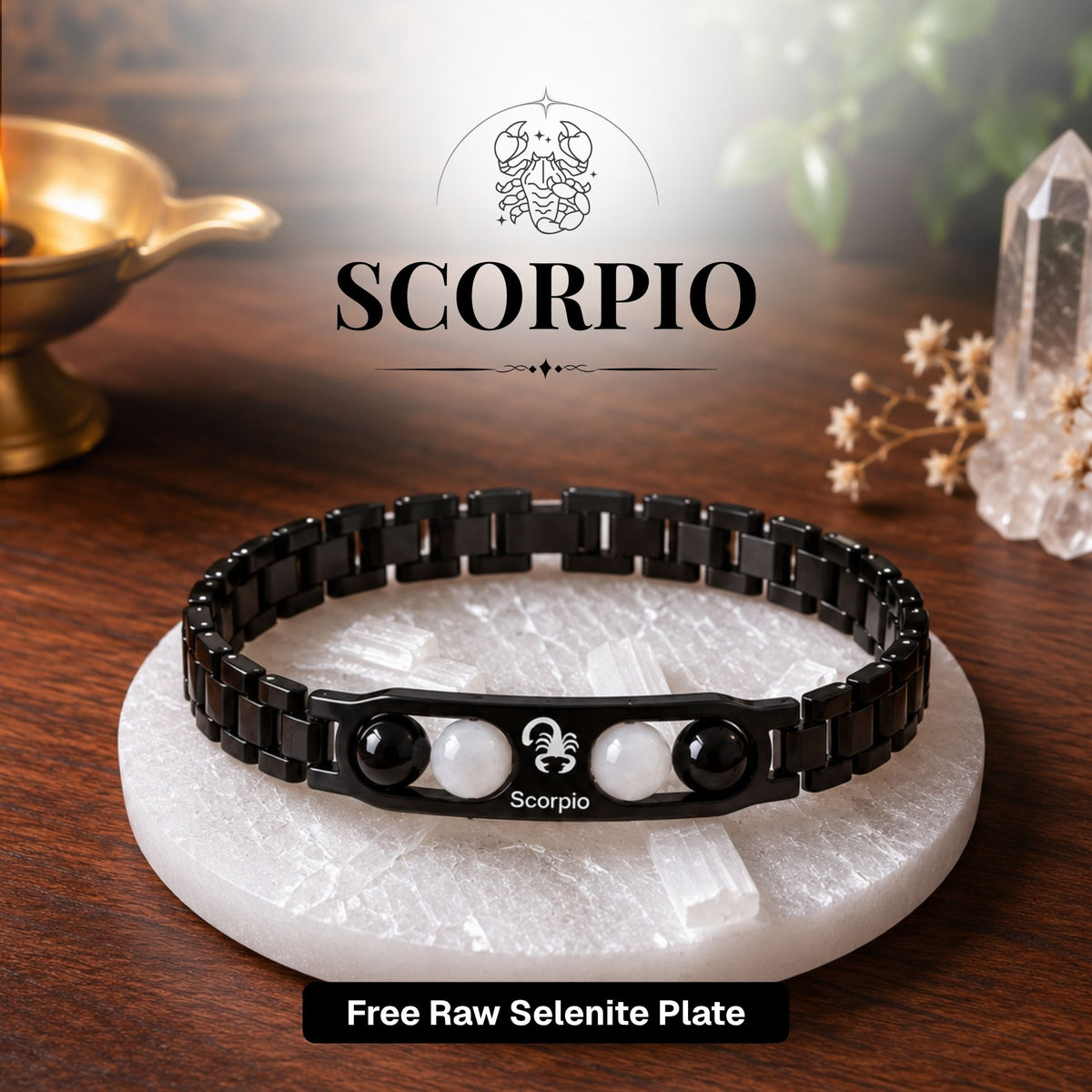 Scorpio Zodiac Sign Metal Bracelet + Free Selenite Plate