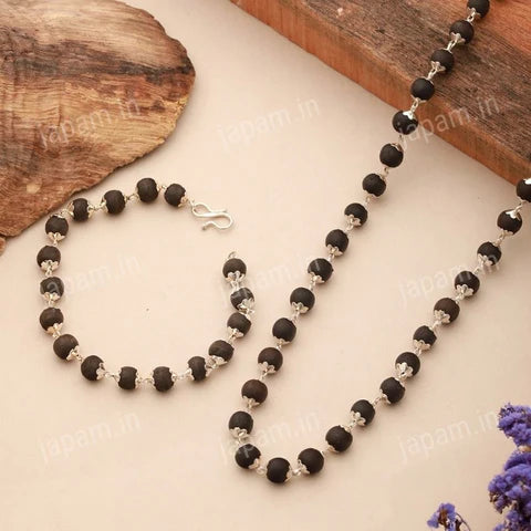 Silver Plated Karungali Mala + Karungali Bracelet Combo For Men