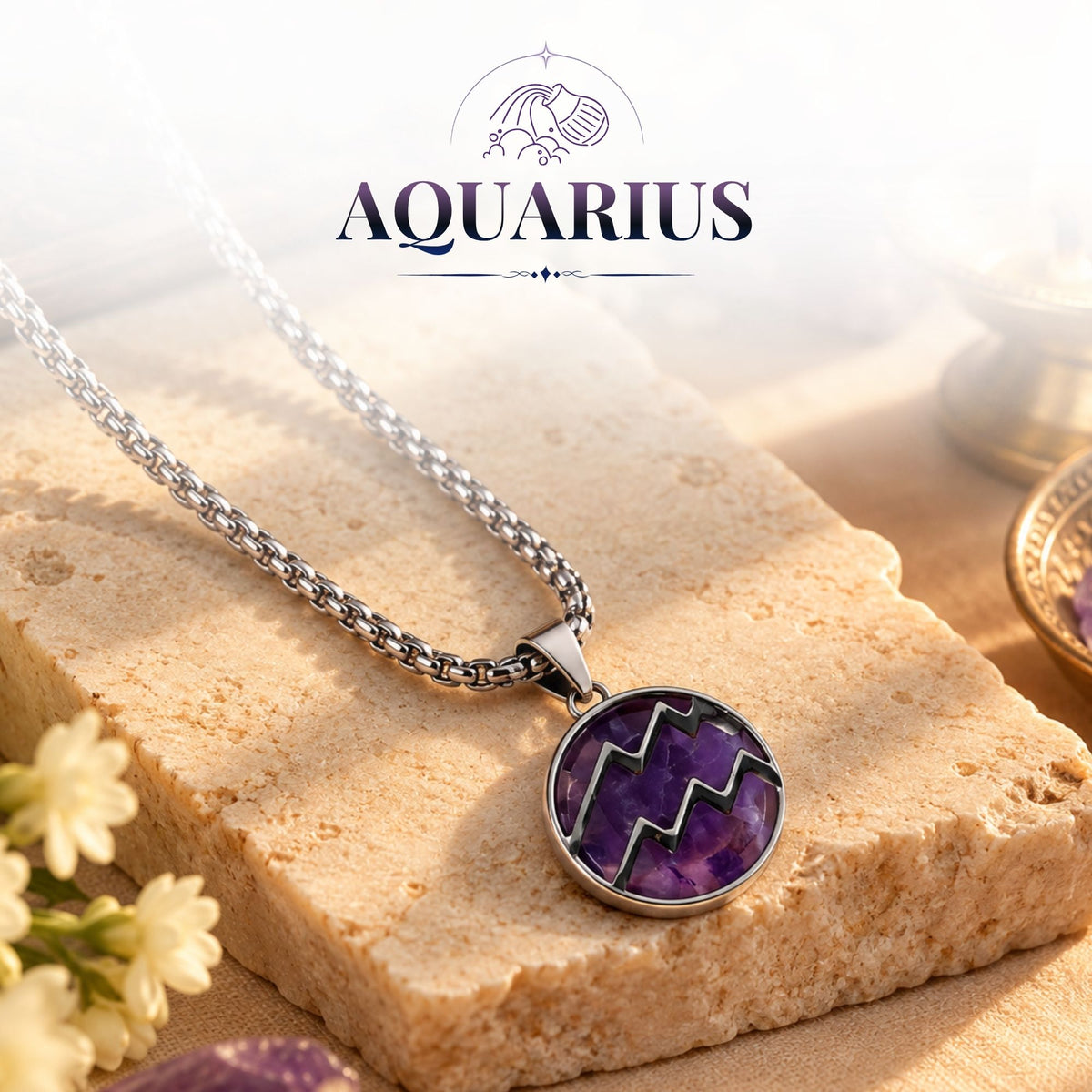 Aquarius Zodiac Pendant with Amethyst Stone