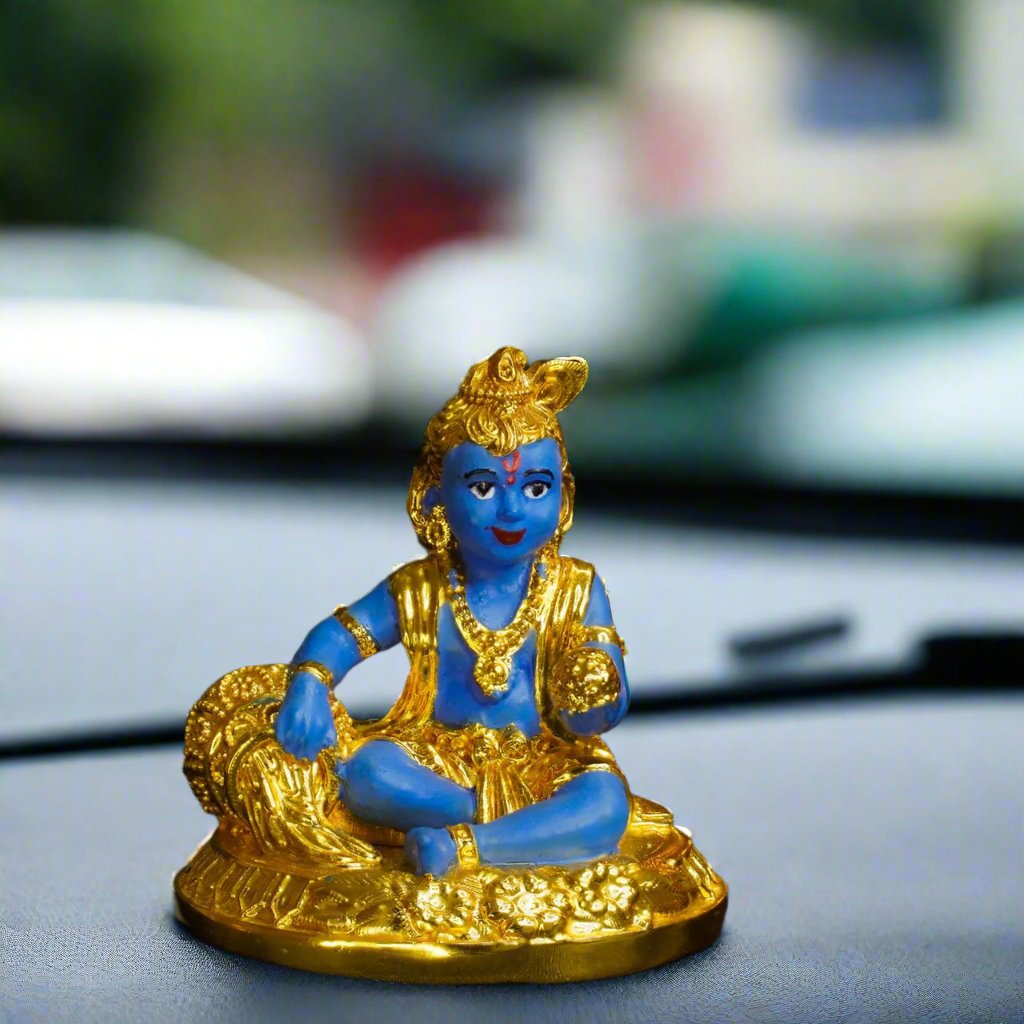 24K Gold Plated Luminous Blue Bal Gopal - for Car Dashboard and Mandir