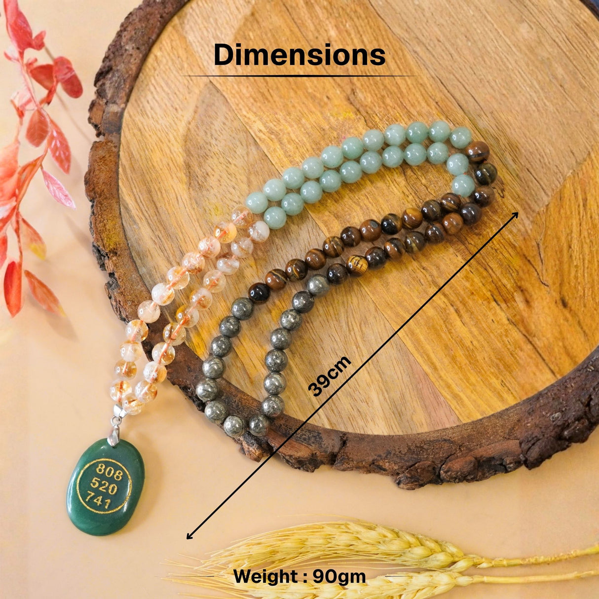 Money Magnet Fusion Mala with Zibu Pendant - Pyrite, Tiger Eye, Citrine & Aventurine Beads