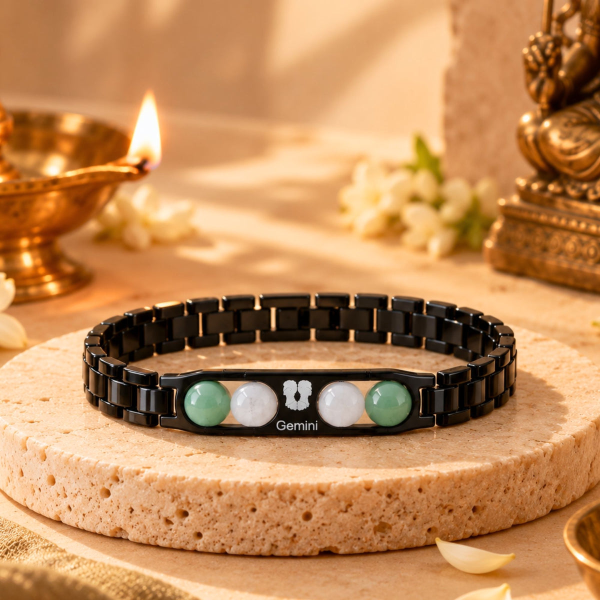 Gemini Zodiac Sign Metal Bracelet + Free Selenite Plate