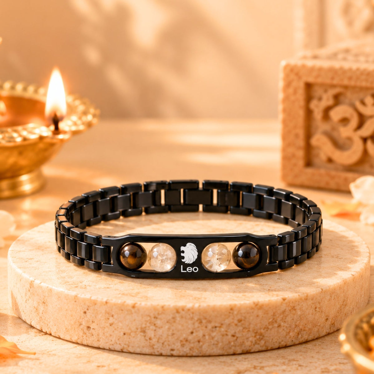 Leo Zodiac Sign Metal Bracelet + Free Selenite Plate