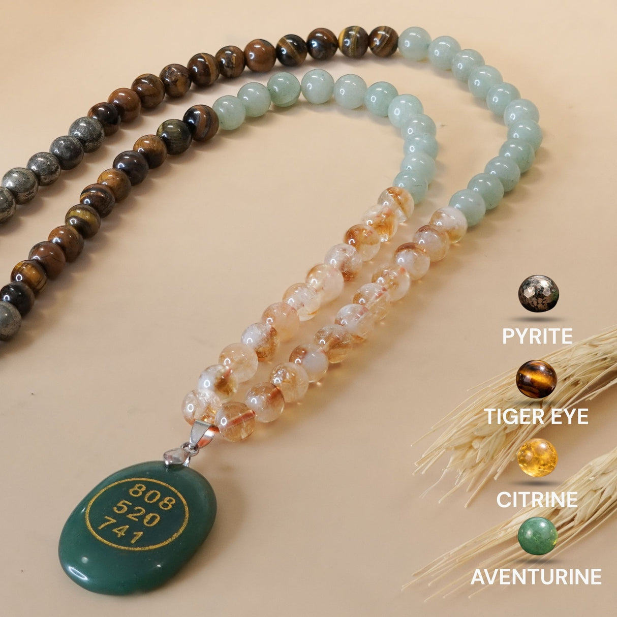 Money Magnet Fusion Mala with Zibu Pendant - Pyrite, Tiger Eye, Citrine & Aventurine Beads