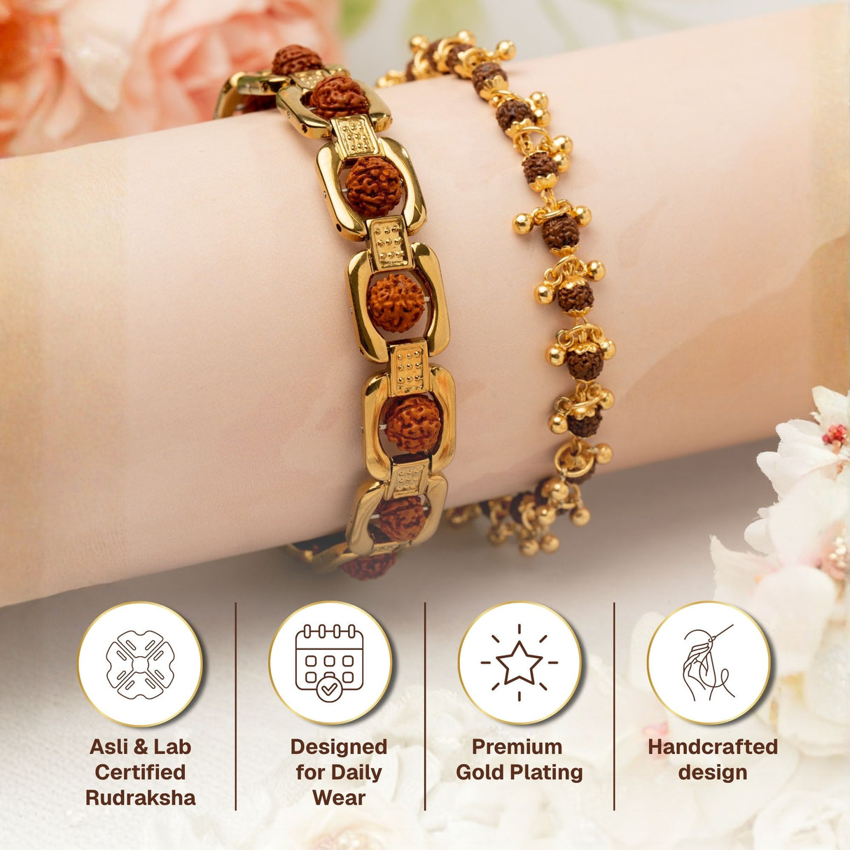 Gold Plated Essential + Elemental Rudraksha Rakhi Box for Bhaiya & Bhabhi