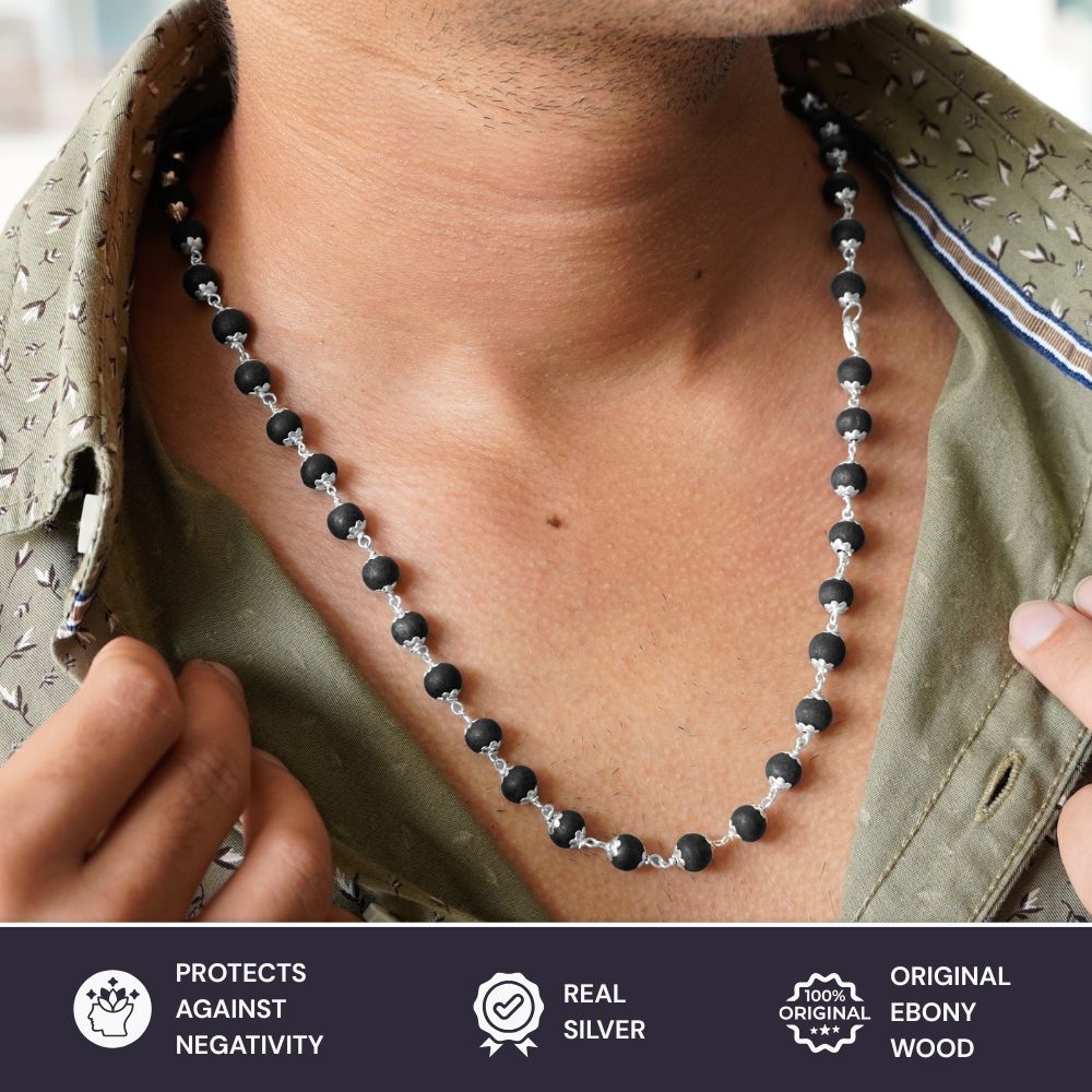 Pure 92.5 Sterling Silver Karungali Mala - Natural Ebony Wood
