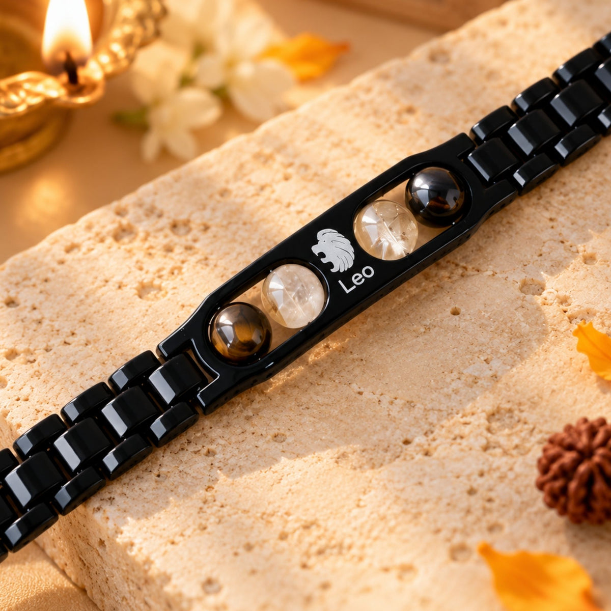 Leo Zodiac Sign Metal Bracelet + Free Selenite Plate