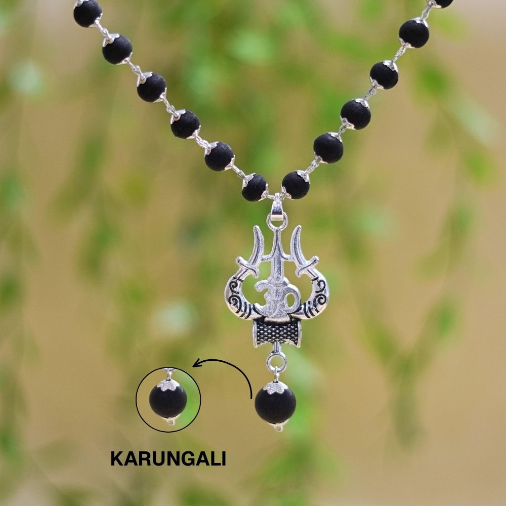 Silver Plated Karungali Necklace with Trishool Pendant