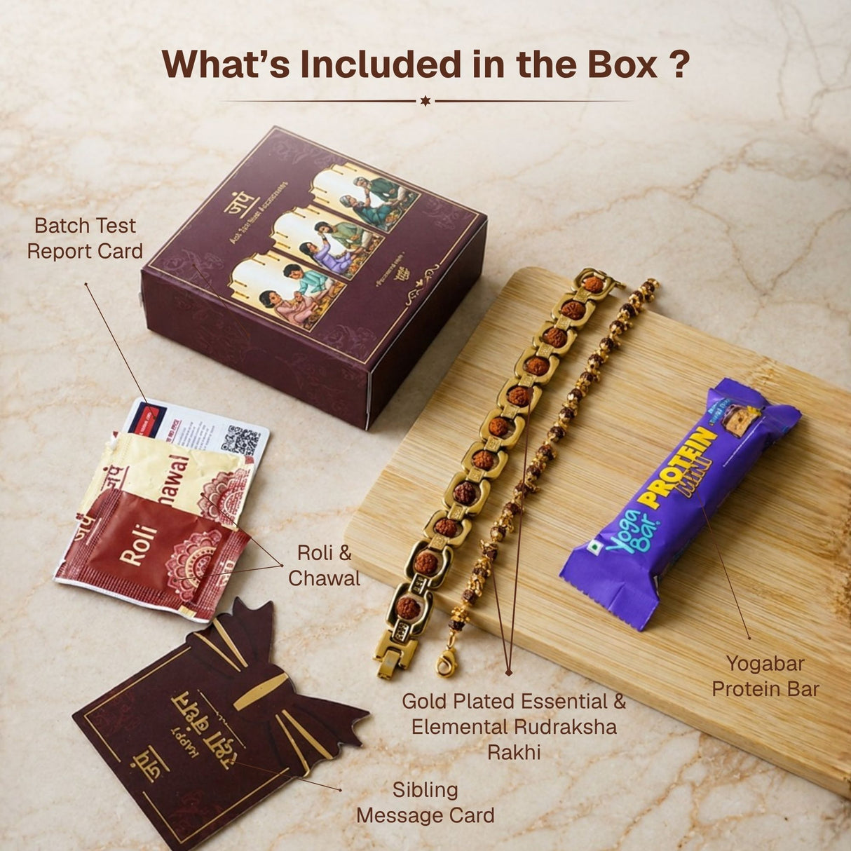 Gold Plated Essential + Elemental Rudraksha Rakhi Box for Bhaiya & Bhabhi