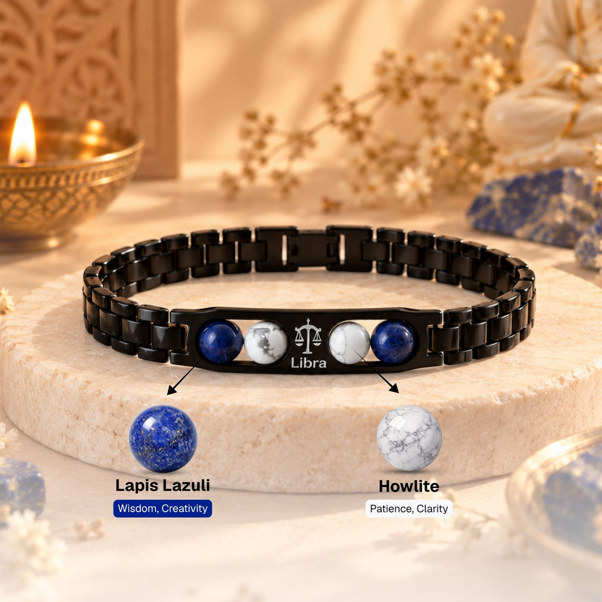 Libra Zodiac Sign Metal Bracelet + Free Selenite Plate