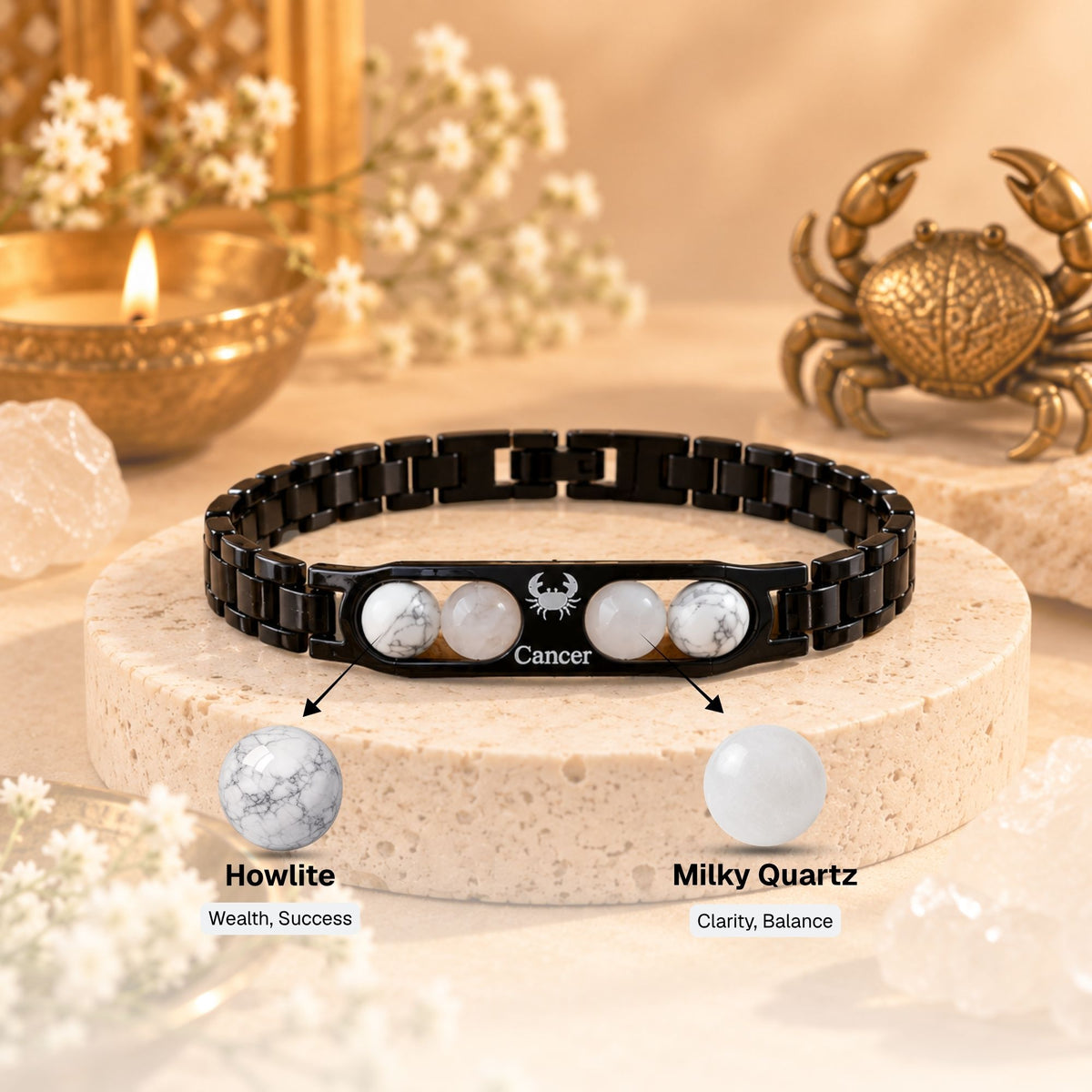 Cancer Zodiac Sign Metal Bracelet + Free Selenite Plate