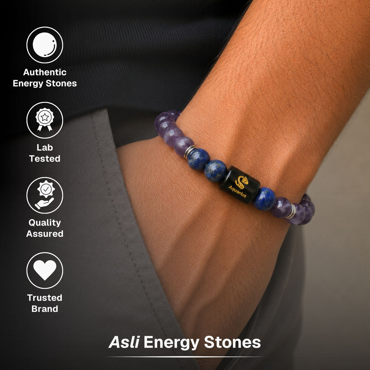 Amethyst & Lapis Lazuli Zodiac Band for Aquarius (कुंभ राशि)