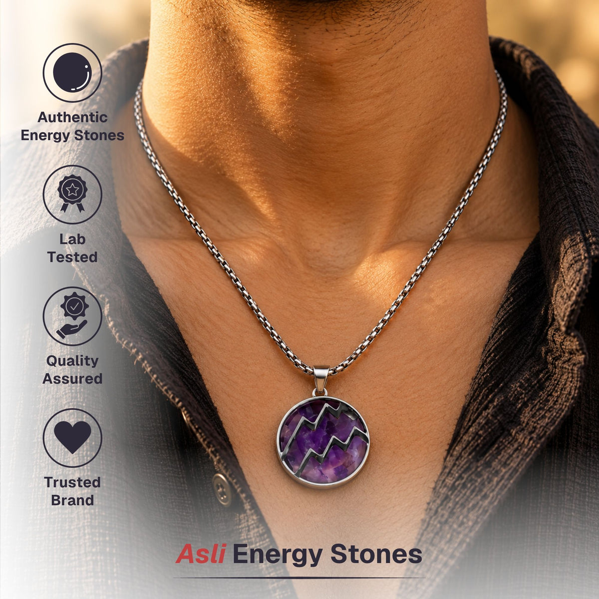 Aquarius Zodiac Pendant with Amethyst Stone