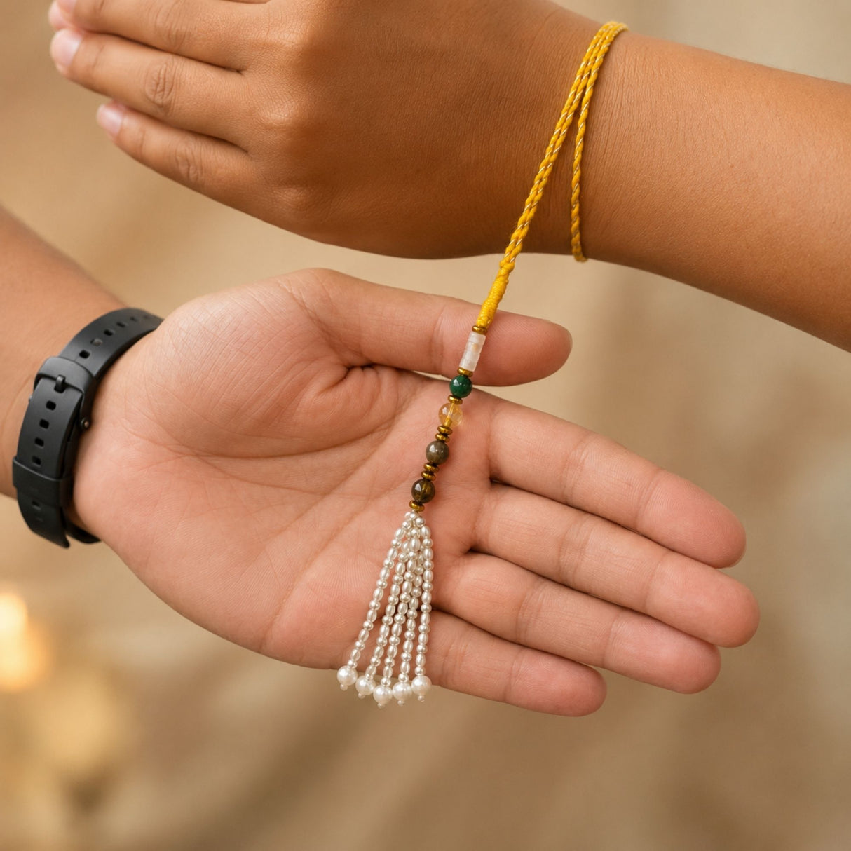 Minimal Dhanlabh Crystal Rakhi with Loomba