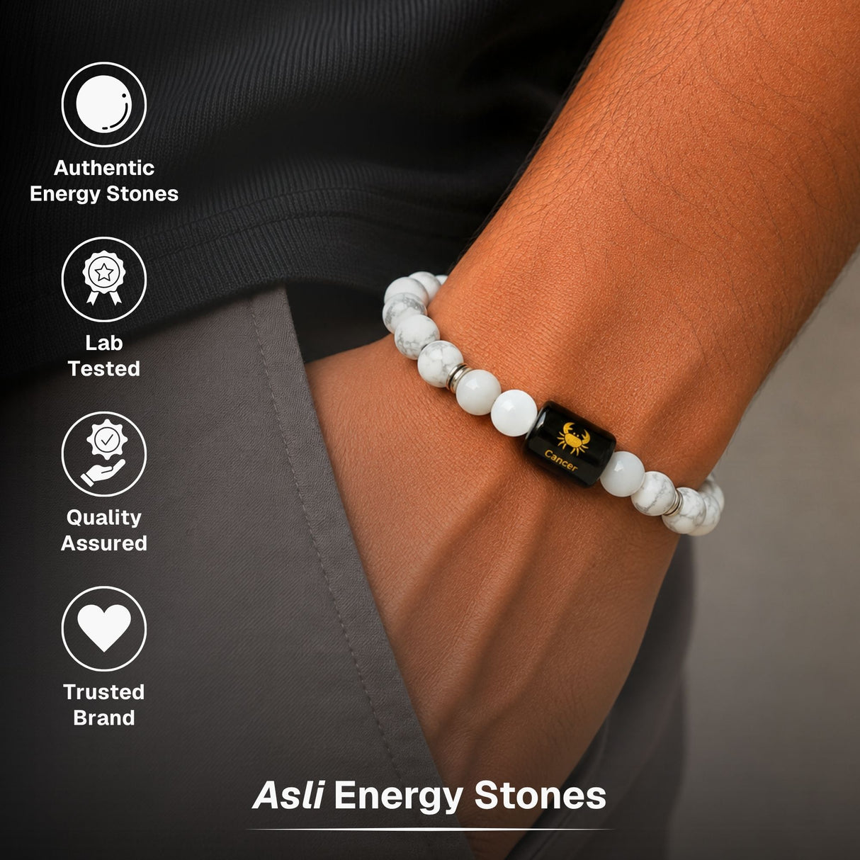 Howlite & Milky Quartz Zodiac Band for Cancer (कर्क राशि)