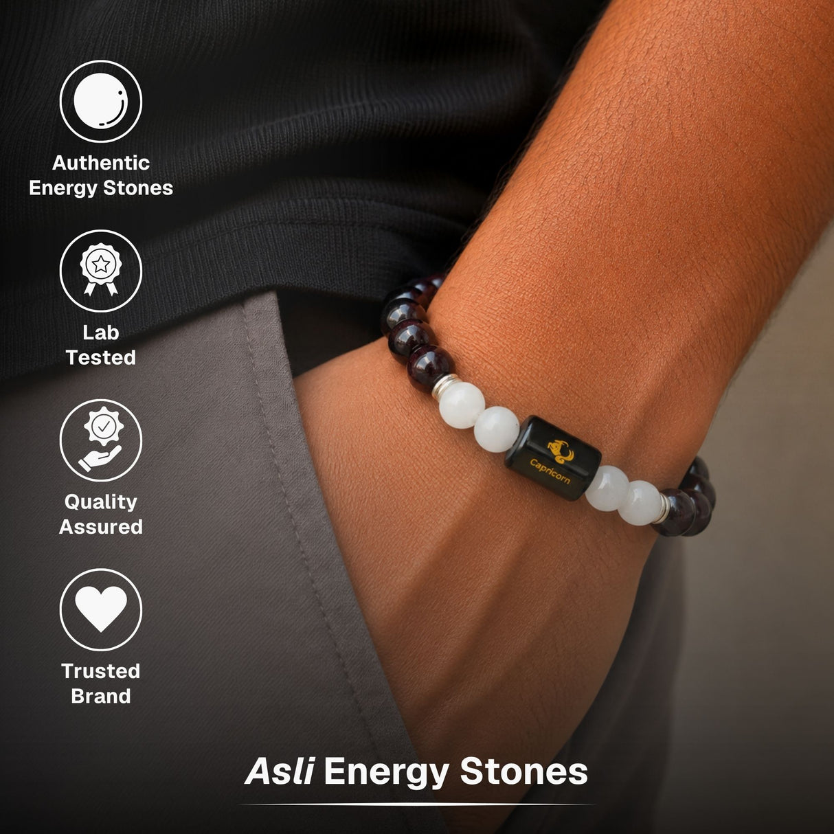 Garnet & Milky Quartz Zodiac Band for Capricorn (मकर राशि)