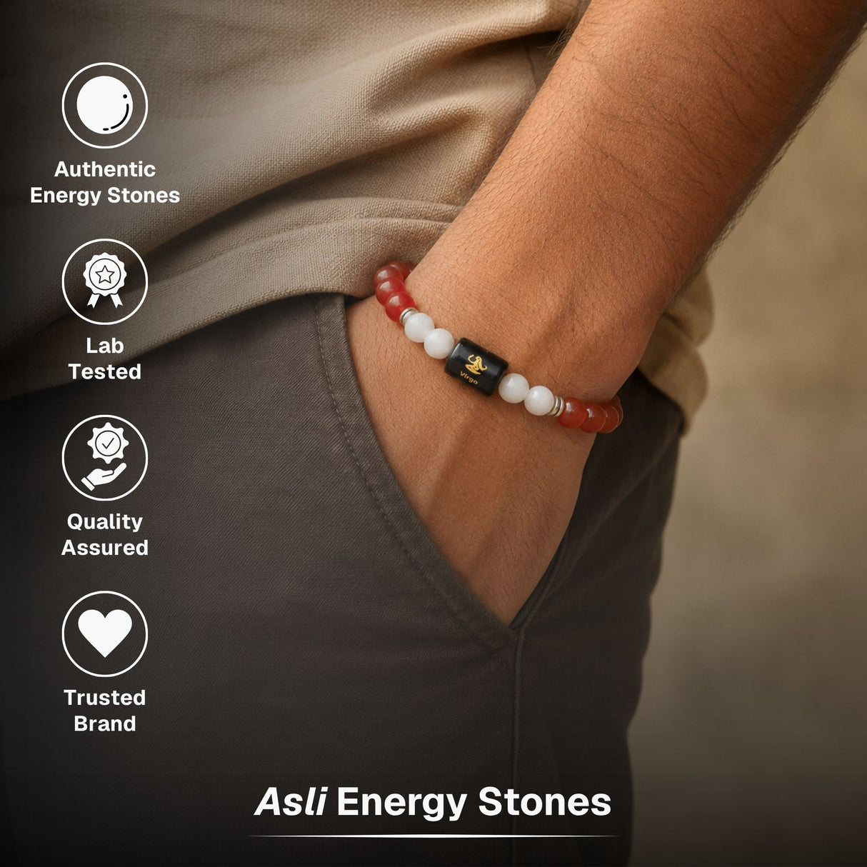 Carnelian & Milky Quartz Zodiac Band for Virgo (कन्या राशि)