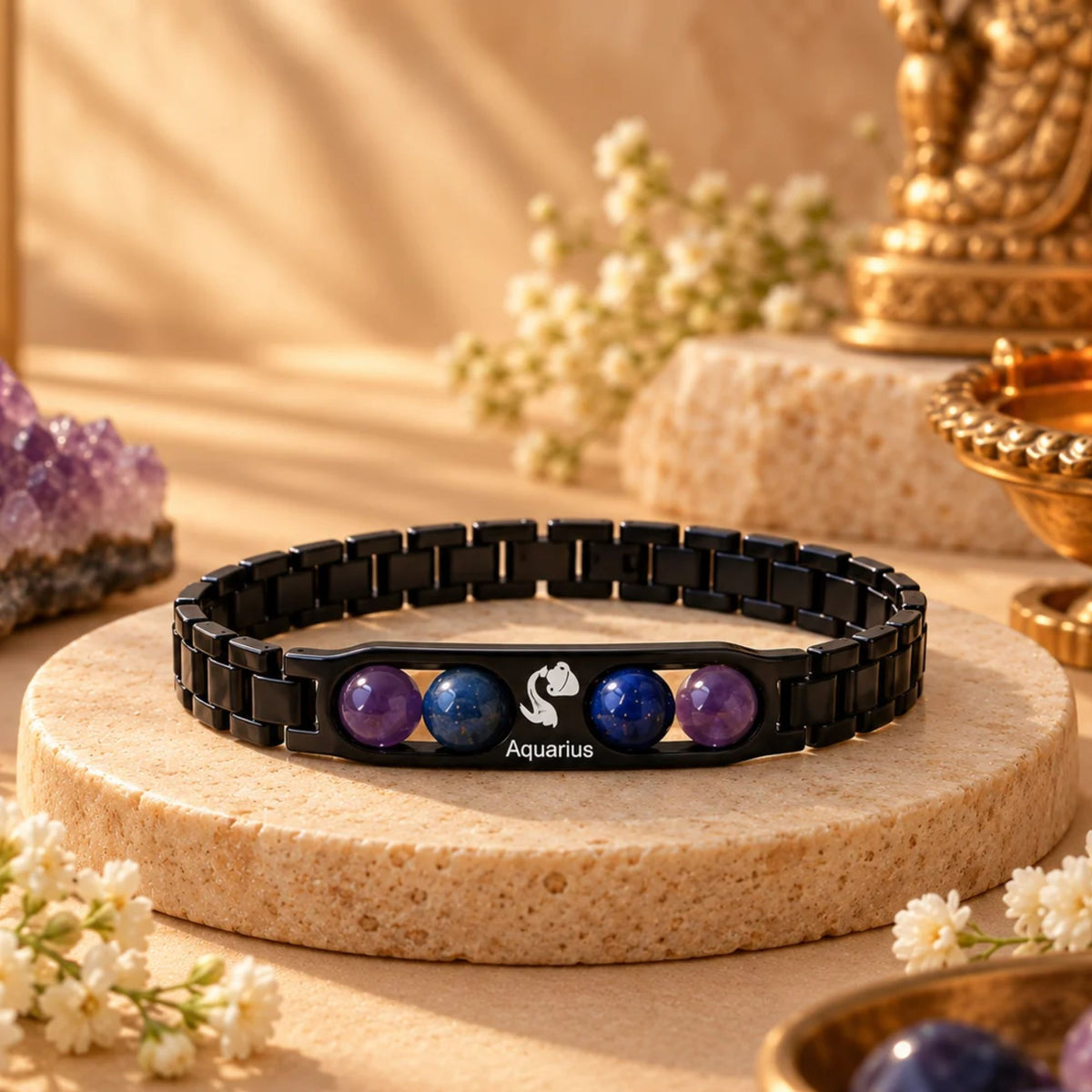 Aquarius Zodiac Sign Metal Bracelet + Free Selenite Plate