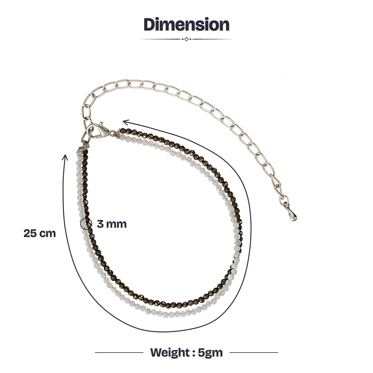 Pyrite and Quartz Wealth Anklet dimensions: 25 cm length, 3 mm beads, 5 g