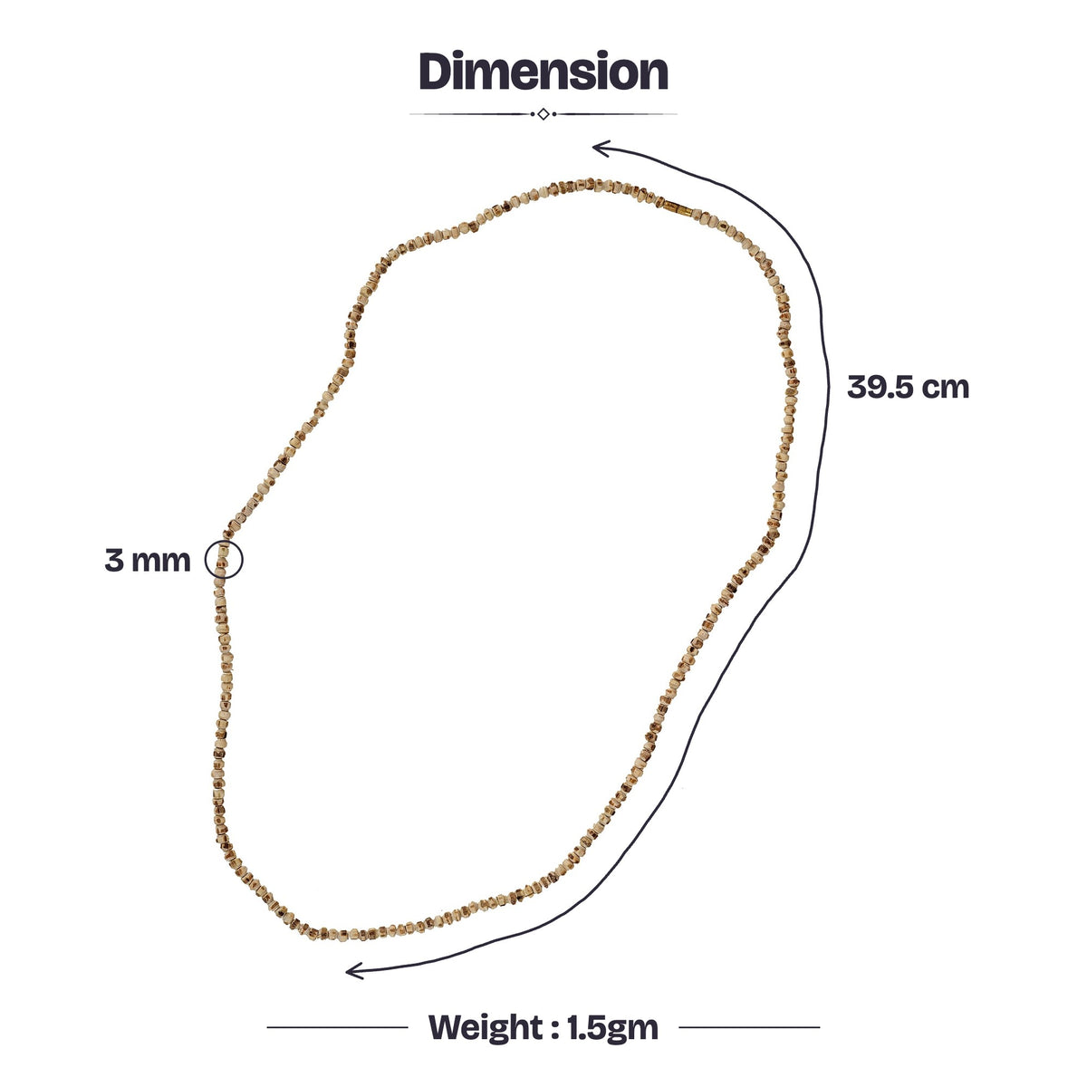 Tulsi Kanthi Mala dimensions: 39.5 cm laid flat, 3 mm round beads, 1.5 g