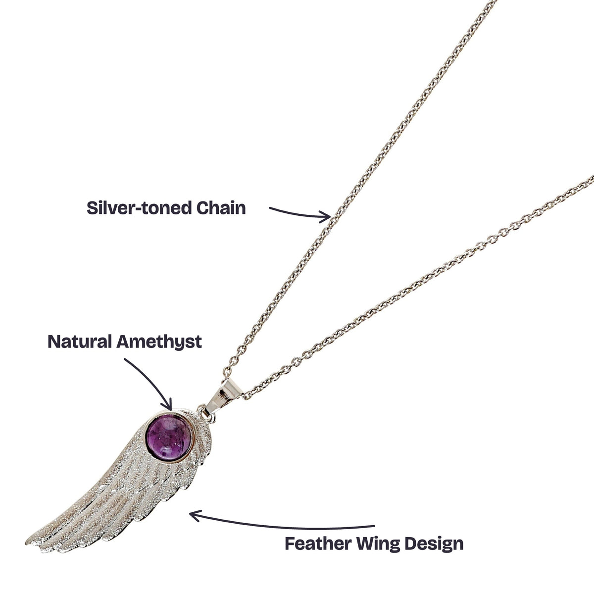 Close-up of the round amethyst stone set in the silver-toned feather wing pendant