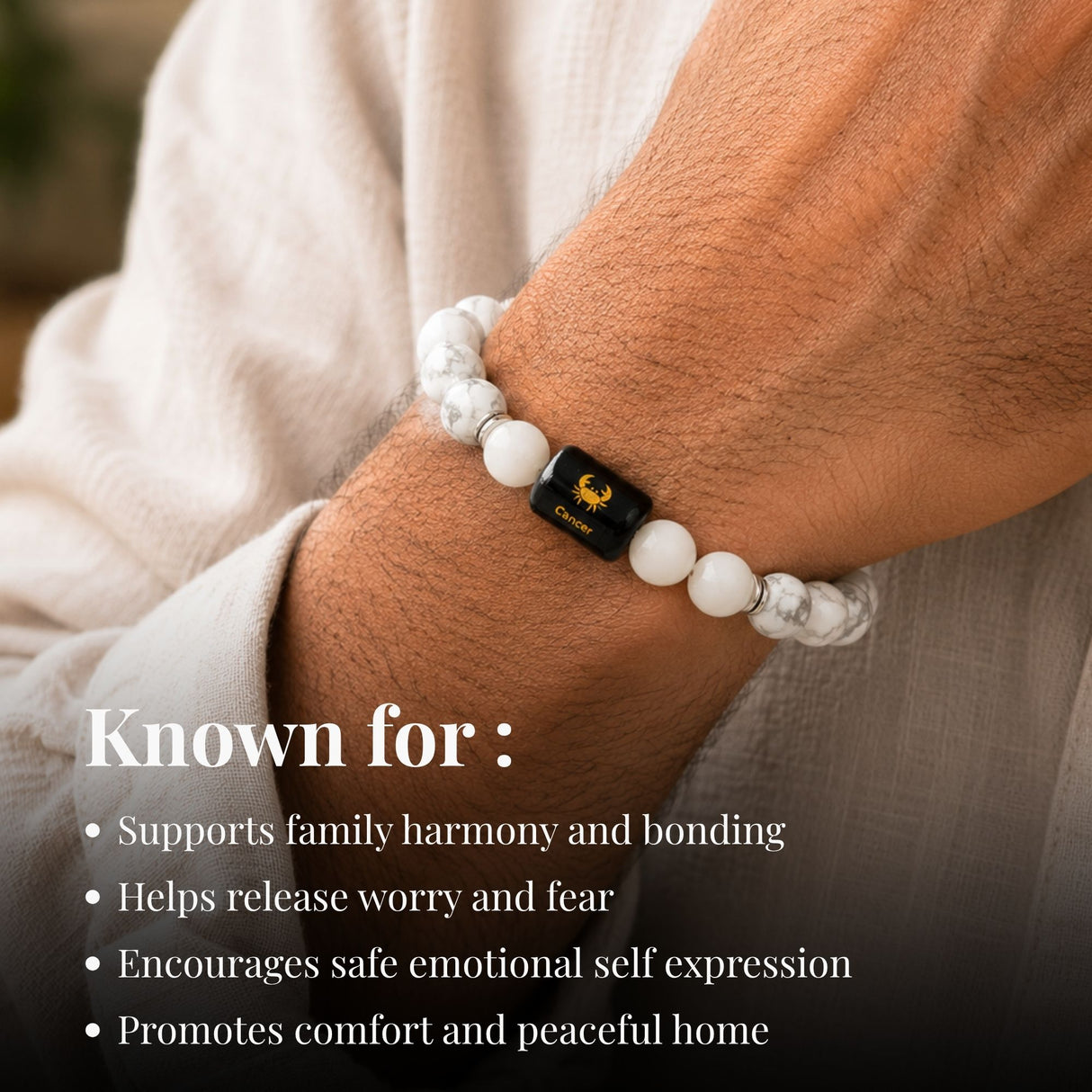 Howlite & Milky Quartz Zodiac Band for Cancer (कर्क राशि)