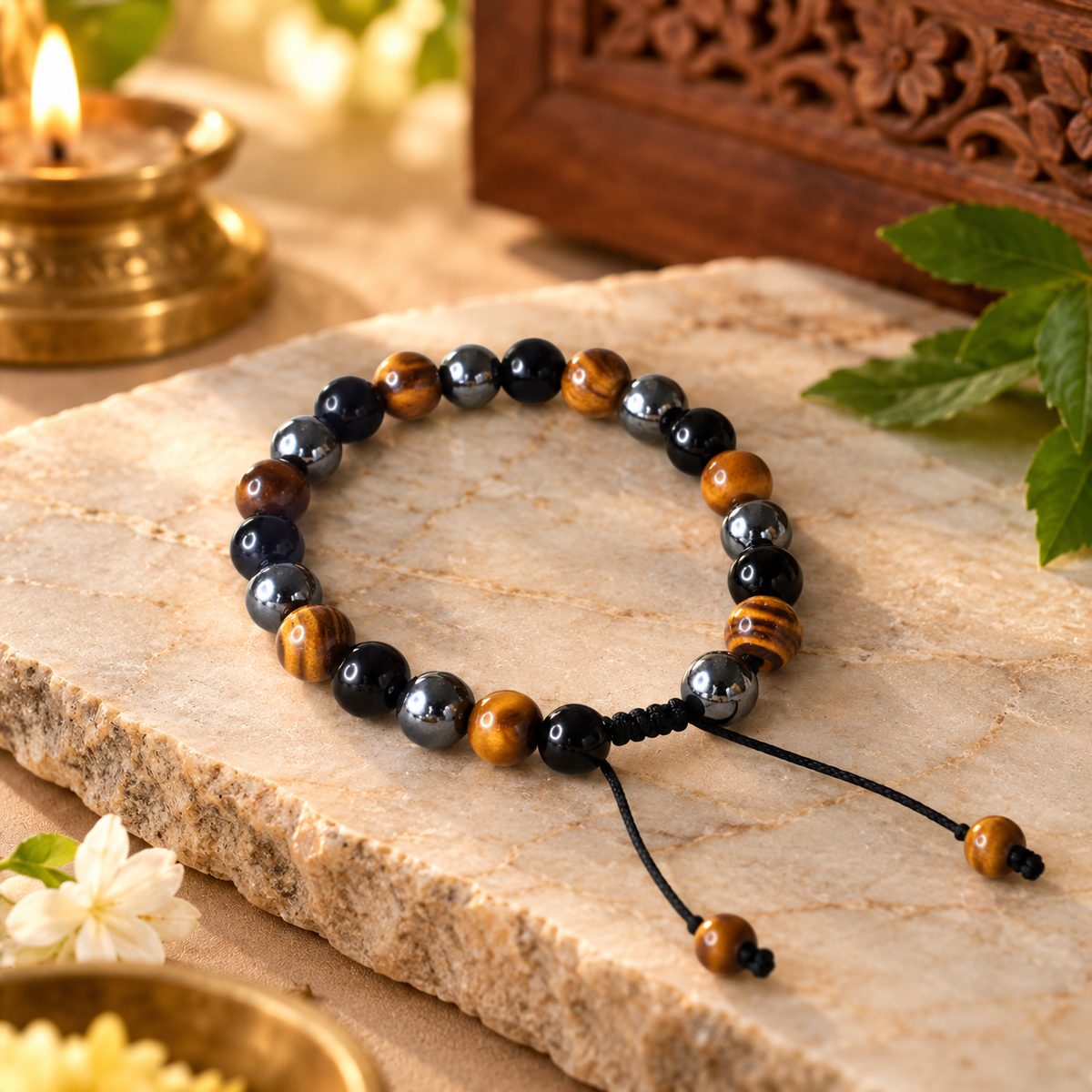 Triple Protection Tie-Up Band with Tiger Eye, Black Obsidian & Hematite Beads