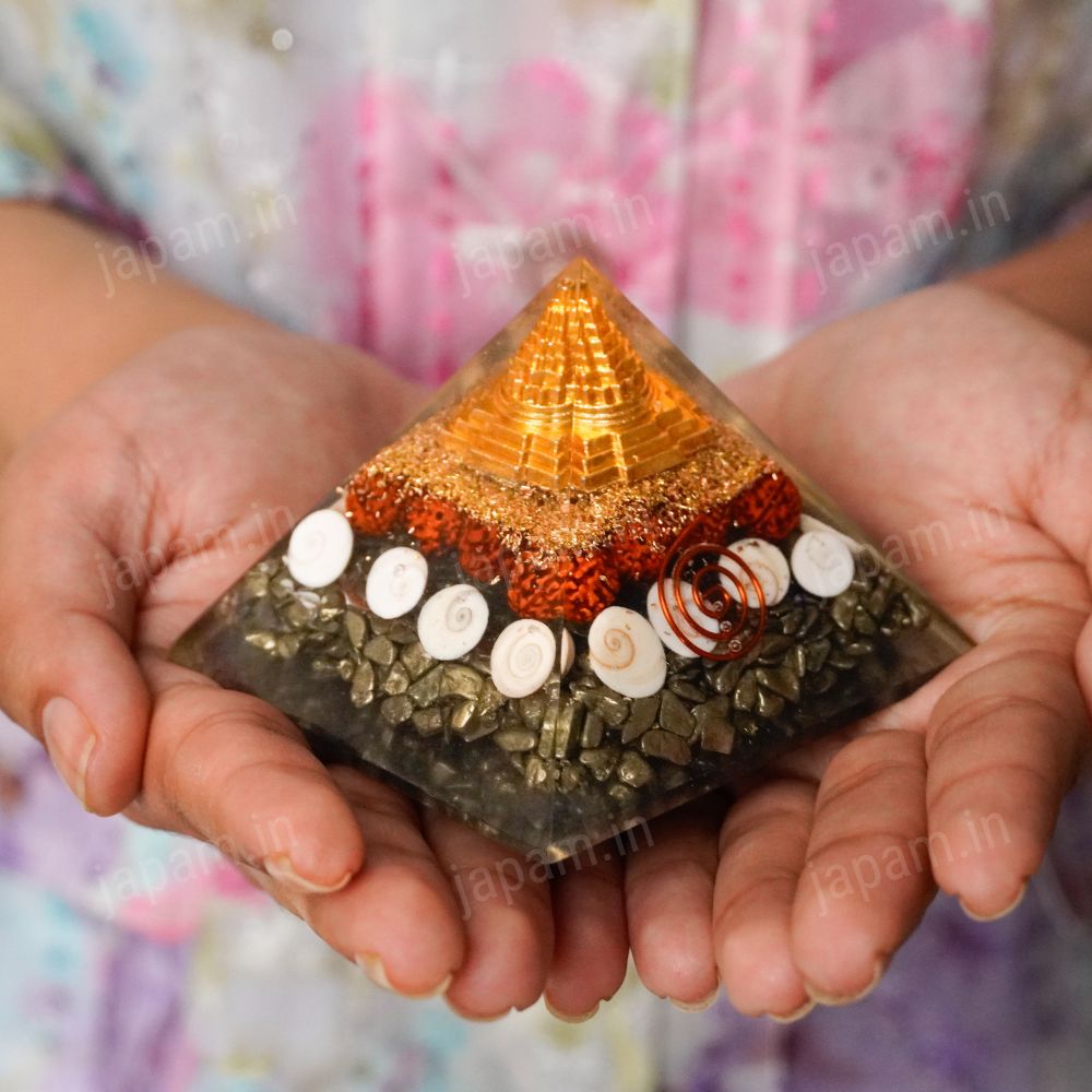 Dhanlabh Pyramid with Shree Yantra, Rudraksha, Gomti Chakra & Pyrite