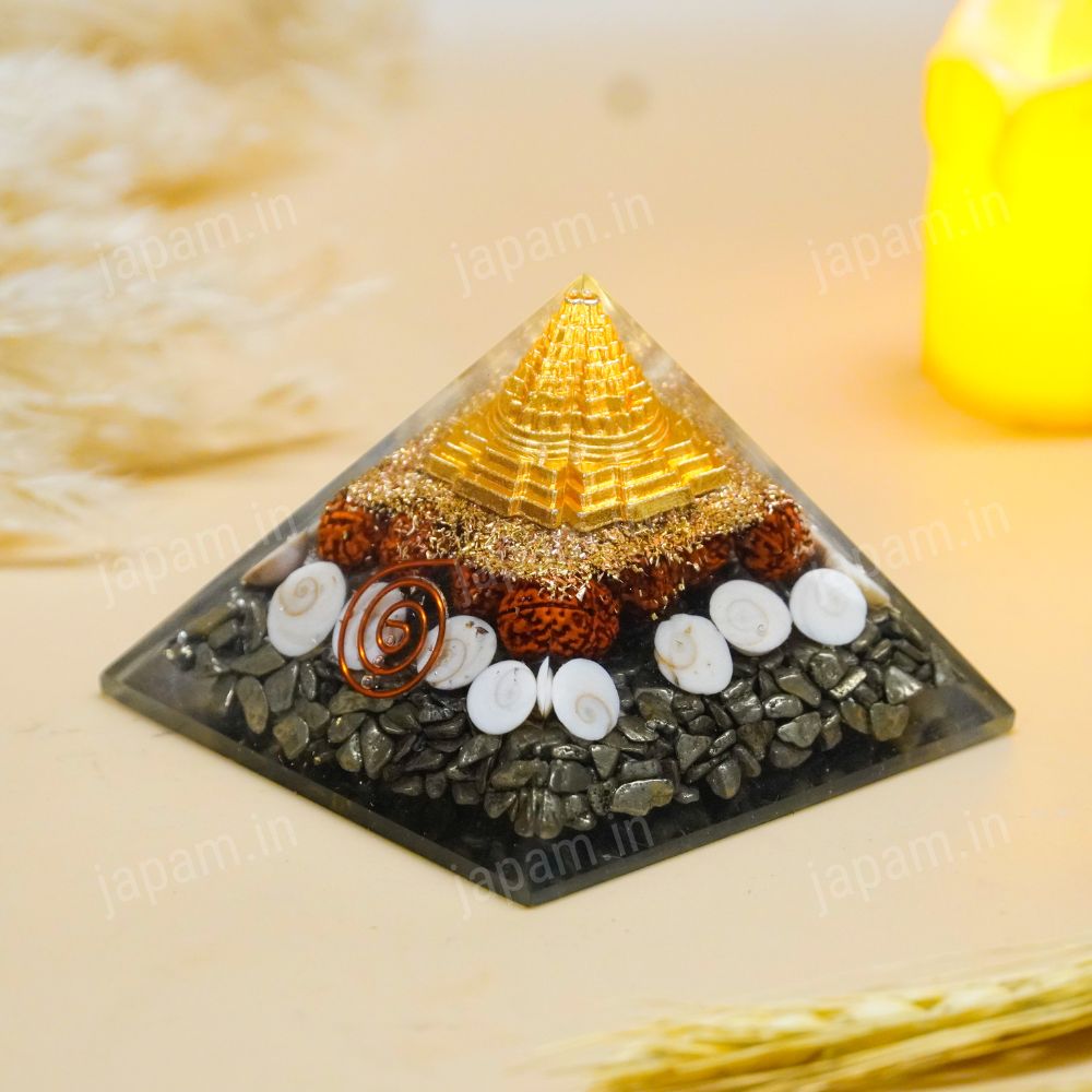 Dhanlabh Pyramid with Shree Yantra, Rudraksha, Gomti Chakra & Pyrite