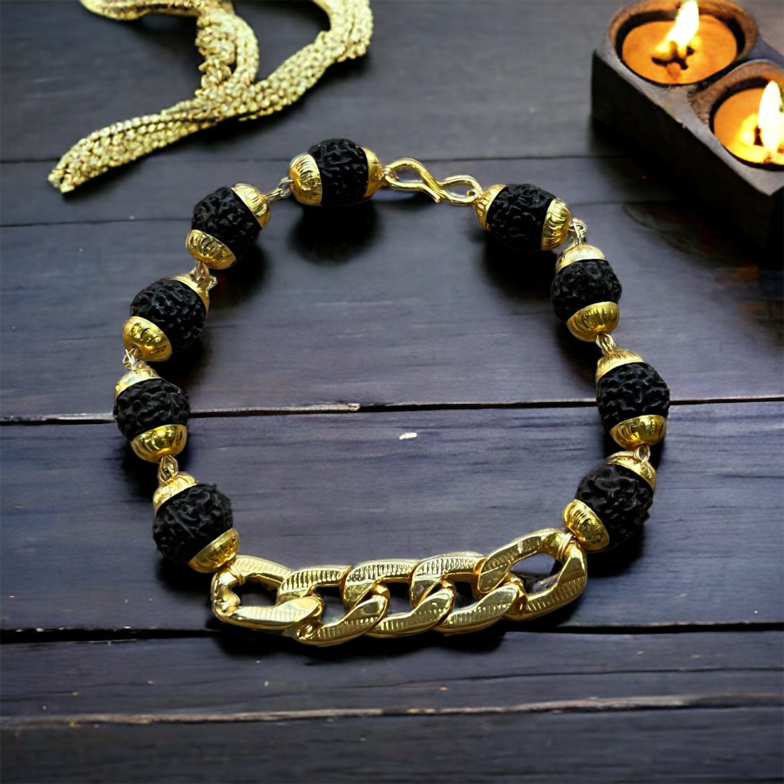 Gold Plated Black Links Rudraksha Bracelet For Men