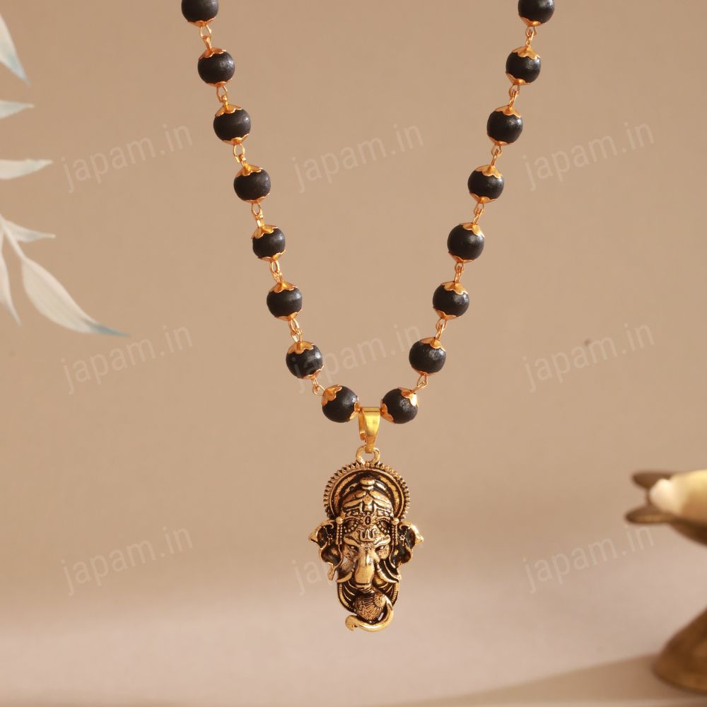 Gold Plated Karungali Necklace with Lord Ganesha Pendant