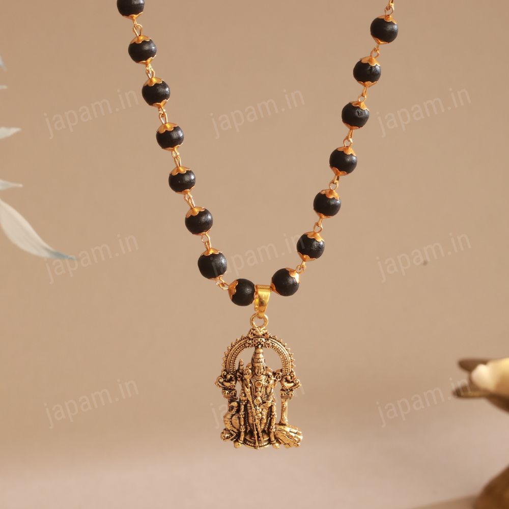 Gold Plated Karungali Necklace with Murugan Pendant