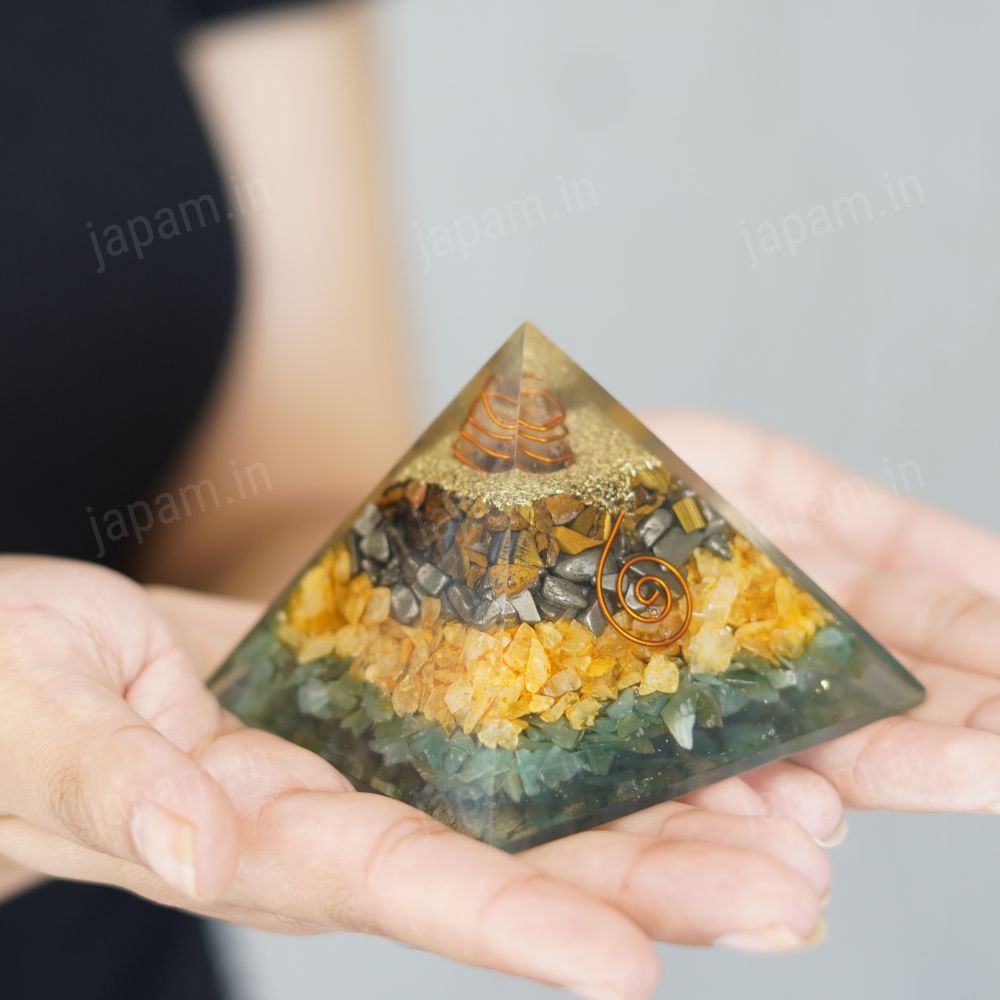 Money Magnet Pyramid with Pyrite, Tiger Eye, Citrine and Aventurine Stones