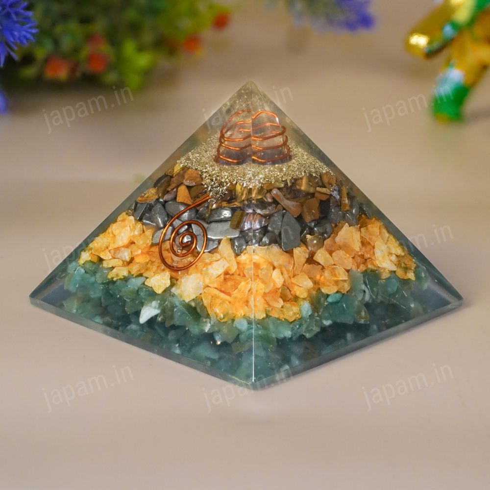Money Magnet Pyramid with Pyrite, Tiger Eye, Citrine and Aventurine Stones
