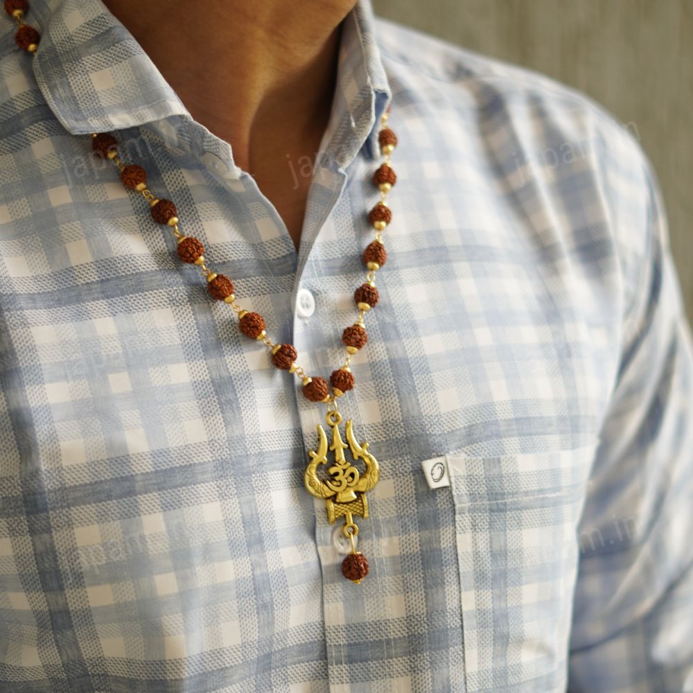 Gold Plated Rudraksha Om Trishool Necklace