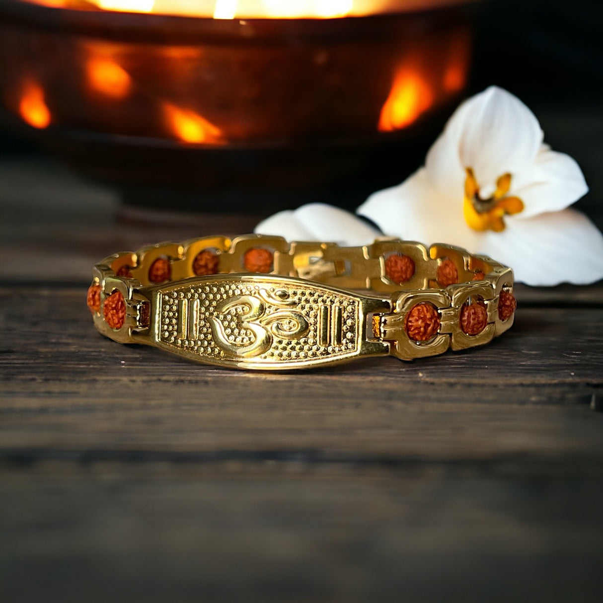 Gold Plated Om Grid Rudraksha Bracelet