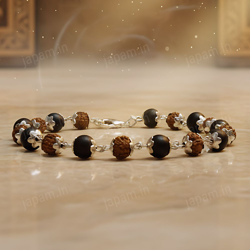 Silver Plated Rudraksha Karungali Mala + Bracelet Combo