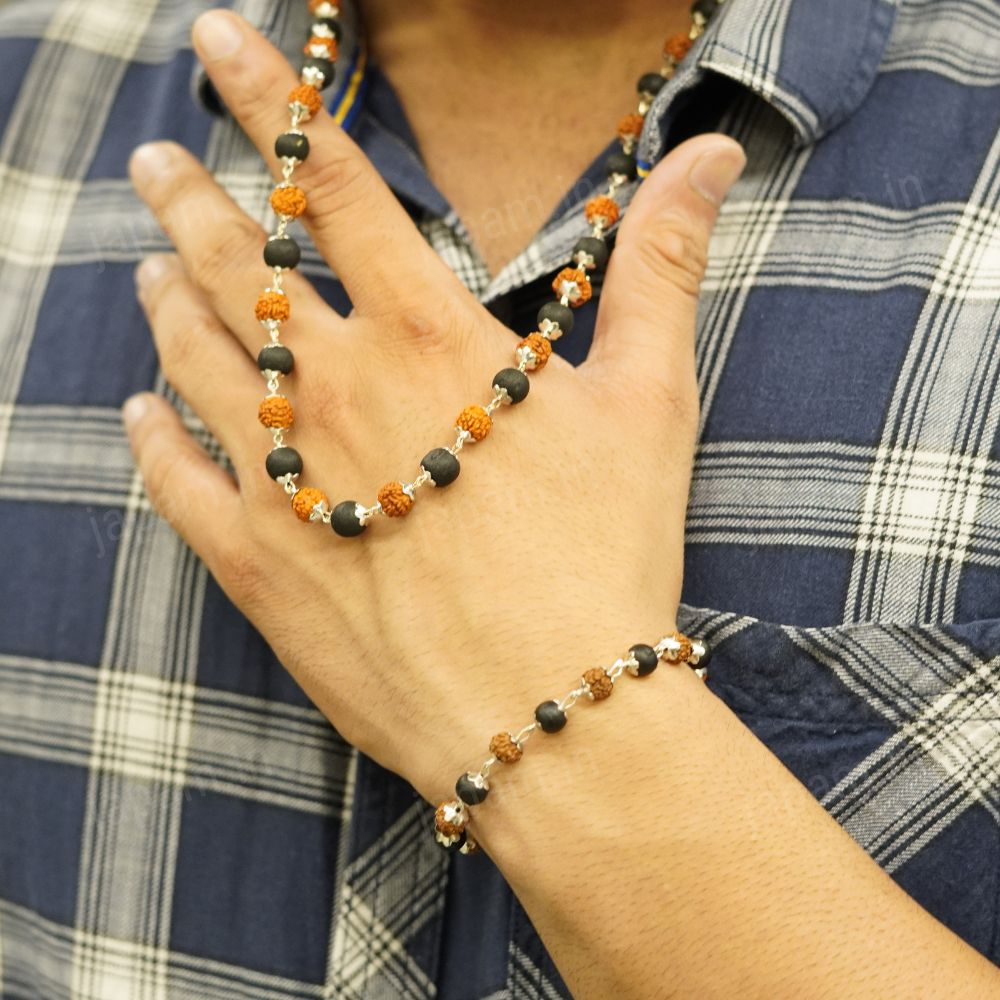 Silver Plated Rudraksha Karungali Mala + Bracelet Combo