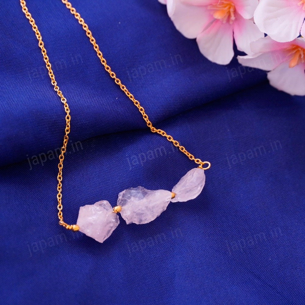 Gold Plated Natural Rose Quartz Trio Necklace