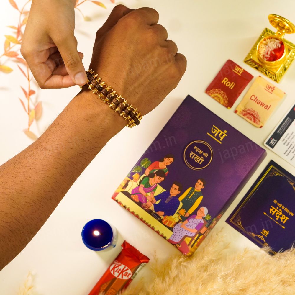 Gold Plated Modern Rudraksha Ki Rakhi - Complete Rakhi Hamper
