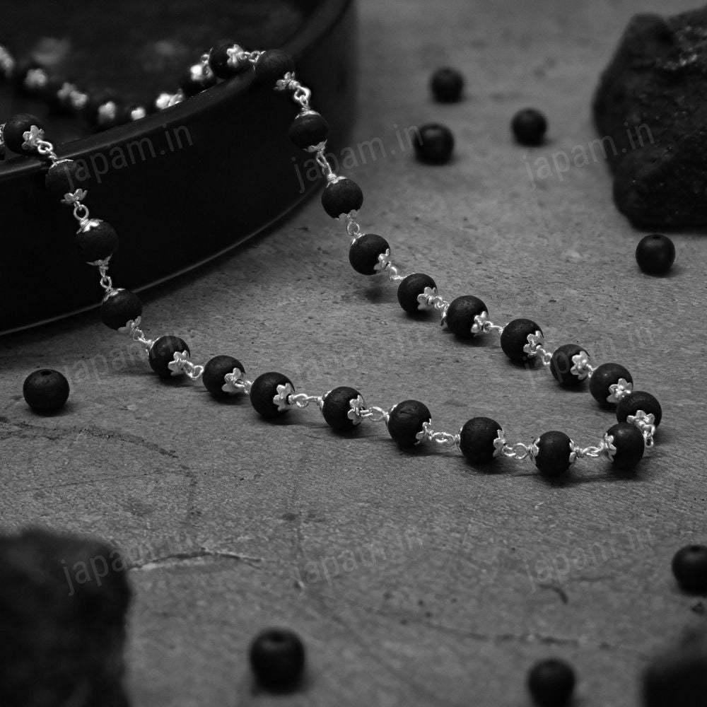 Pure 92.5 Sterling Silver Karungali Mala - Natural Ebony Wood